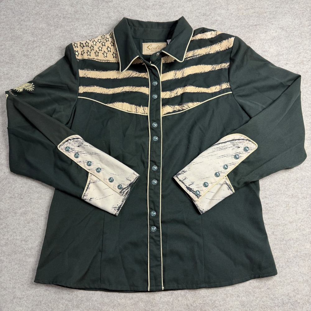 Scully Western Shirt Womens Large Green Patriotic American Flag Soldier PL-756